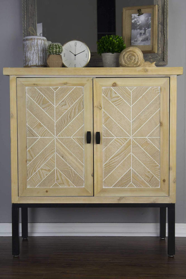 Frames Wood Frame - 31'.5" X 15" X 33'.8" White Washed Parquet Iron, Wood, MDF Sideboard with an Iron Frame and Wood Doors HomeRoots