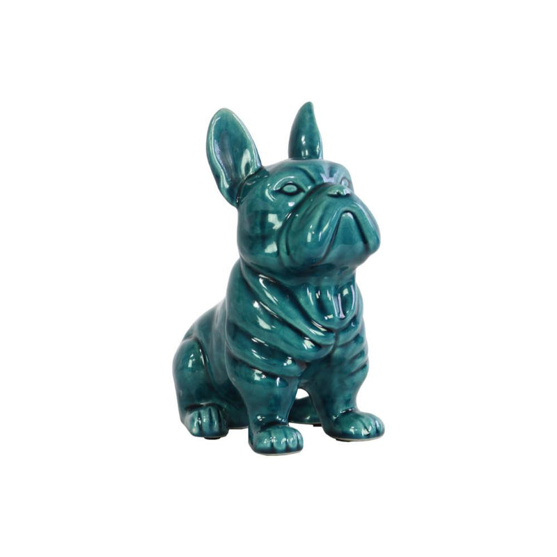French Bulldog Figurine In Ceramic With Pricked Ears, Turquoise Blue-Action Figures and Statues-Blue-Ceramic-JadeMoghul Inc.