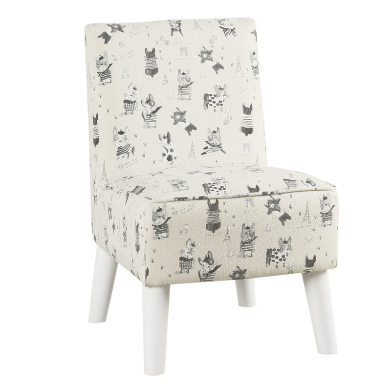 French Bulldog Print Fabric Upholstered Kids Slipper Chair With Wooden Legs, Cream and White-Accent Chairs-Cream and White-Rubberwood, Plywood and Polyester-JadeMoghul Inc.