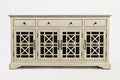 Fretwork Wooden Media Unit With Spacious Storage, Antique Cream-Multimedia Stand-Cream-Wood Metal and Glass-JadeMoghul Inc.