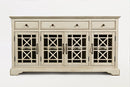 Fretwork Wooden Media Unit With Spacious Storage, Antique Cream-Multimedia Stand-Cream-Wood Metal and Glass-JadeMoghul Inc.