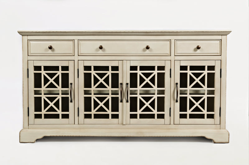 Fretwork Wooden Media Unit With Spacious Storage, Antique Cream-Multimedia Stand-Cream-Wood Metal and Glass-JadeMoghul Inc.