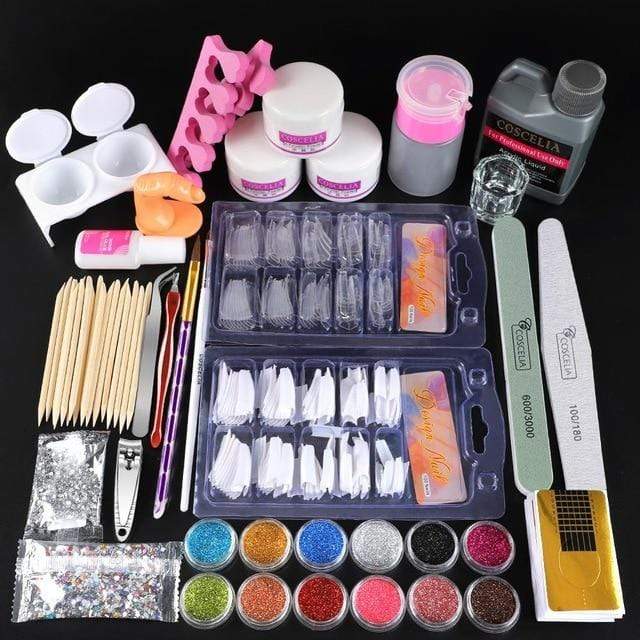 Full Nail Manicure Set Pro Acrylic Kit With Drill Machine Acrylic Liquid Nail Glue Glitter Powder Nail Tips Nail Art Tool Kit AExp