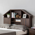 Full Size Hut Style Bookcase Headboard In Wood, Dark Walnut Brown-Book Cases-Brown-MDF Wood-JadeMoghul Inc.