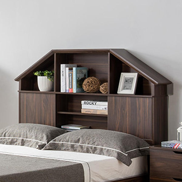 Full Size Hut Style Bookcase Headboard In Wood, Dark Walnut Brown-Book Cases-Brown-MDF Wood-JadeMoghul Inc.