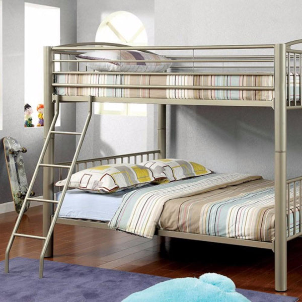 Full Size Metal Bunk Bed With moveable ladder, Gold-Bedroom Sets-Gold-Metal-JadeMoghul Inc.