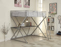 Full Size Metal Workstation Loft Bunk Bed, Silver-Bedroom Furniture-Silver-Metal-JadeMoghul Inc.