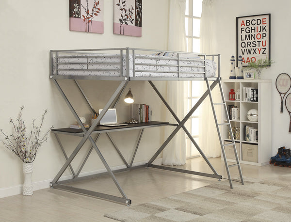 Full Size Metal Workstation Loft Bunk Bed, Silver-Bedroom Furniture-Silver-Metal-JadeMoghul Inc.