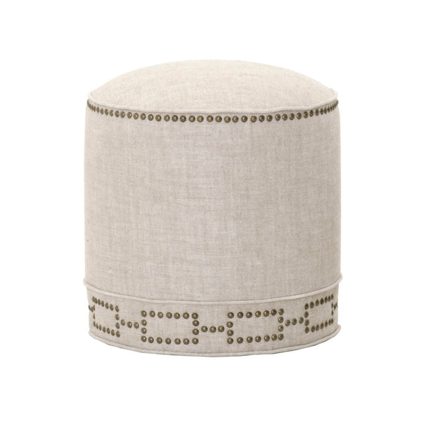 Fully Upholstered Round Ottoman, Bisque Cream-Footstools and Ottomans-Cream-Wood and Fabric-JadeMoghul Inc.