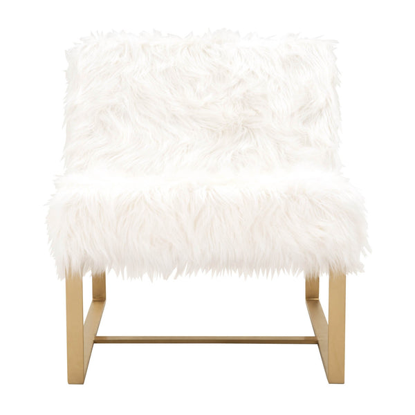 Fur Upholstery Club Chair With Gold Finish Metal Base, White-Accent Chairs-White, gold-Steel and Faux Wool-JadeMoghul Inc.
