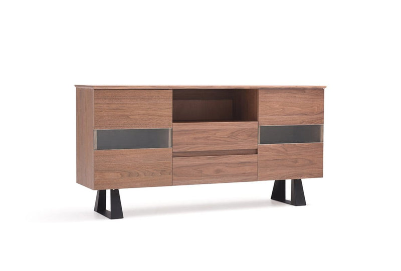 Furniture Buffet Furniture - 32" Walnut Veneer, Metal, and Glass Buffet HomeRoots