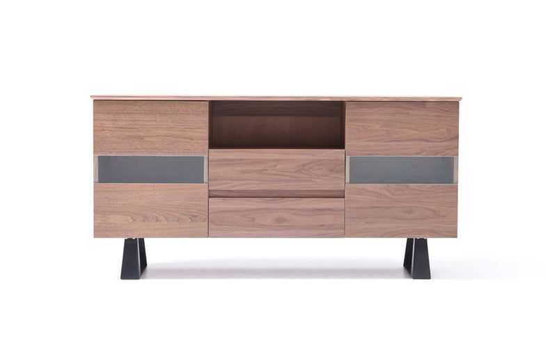 Furniture Buffet Furniture - 32" Walnut Veneer, Metal, and Glass Buffet HomeRoots