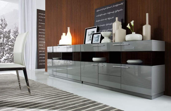 Furniture Buffet Furniture - 33" Grey High Gloss Glass Buffet HomeRoots