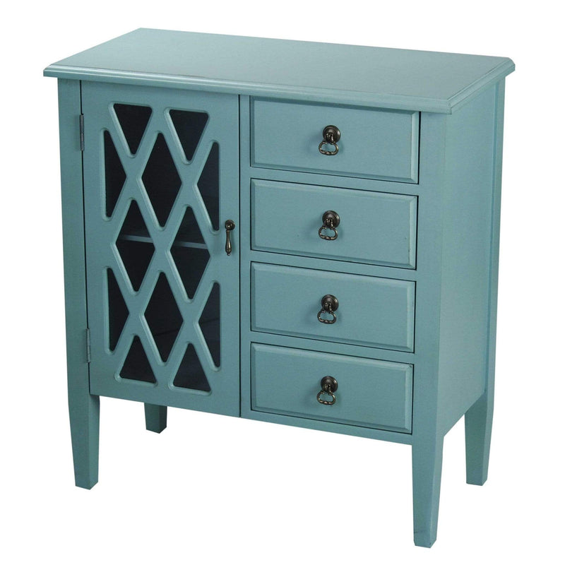 Furniture Discount Furniture - 29'.5" X 14'.25" X 32" Turquoise MDF, Wood, Clear Glass Classic Sideboard with a Door and Drawers HomeRoots