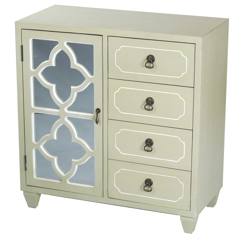 Furniture Discount Furniture - 29'.5" X 14" X 30'.75" Beige MDF, Wood, Mirrored Glass Sideboard with a Door, Drawers & Quatrefoil Inserts HomeRoots