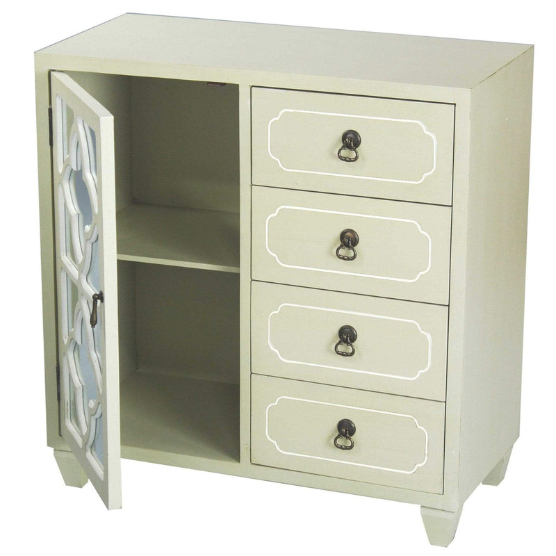 Furniture Discount Furniture - 29'.5" X 14" X 30'.75" Beige MDF, Wood, Mirrored Glass Sideboard with a Door, Drawers & Quatrefoil Inserts HomeRoots