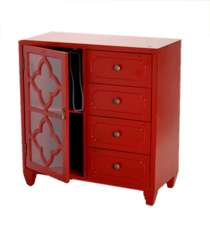 Furniture Discount Furniture - 29'.5" X 14" X 30'.75" Red MDF, Wood, Clear Glass Sideboard with a Door and Drawers HomeRoots
