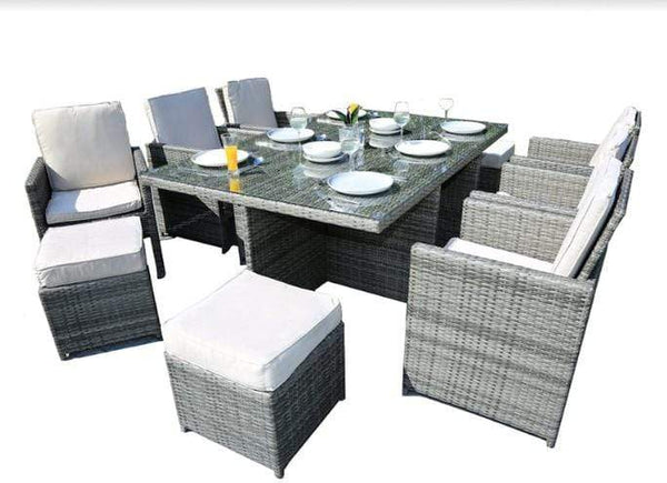 Furniture Furniture - 129" X 76" X 46" Gray 11-Piece Outdoor Dining Set with Cushions HomeRoots