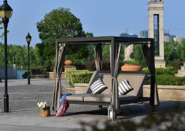 Furniture Furniture - 161'.85" X 71'.37" X 8'.58" Gray Outdoor Steel Metal Adjustable Day Bed with Canopy and Taupe Cushions HomeRoots