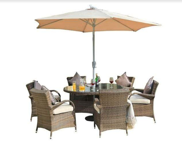 Furniture Furniture - 211" X 55" X 32" Brown 7-Piece Outdoor Dining Set with Washed Cushion HomeRoots