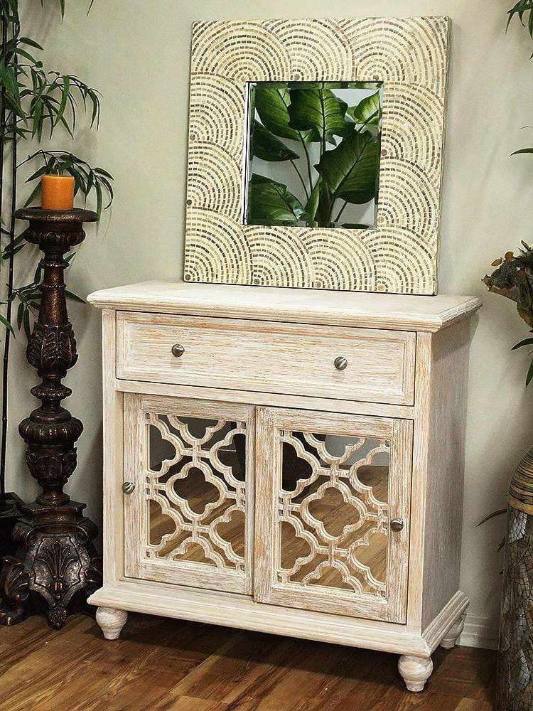 Furniture Home Furniture - 32" X 14" X 32" Distressed White MDF, Wood, Mirrored Glass Sideboard with Doors and a Drawer HomeRoots