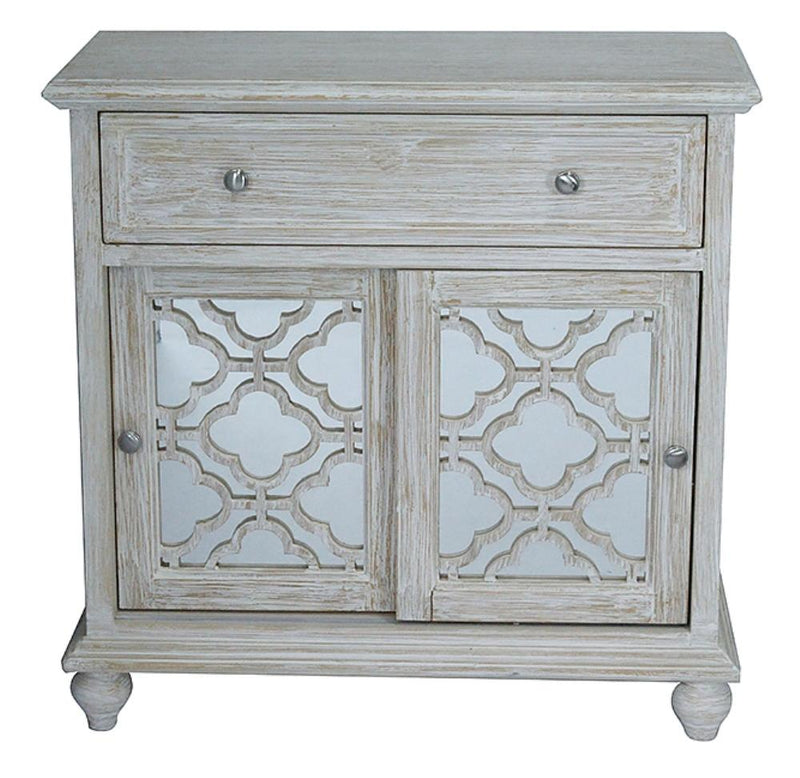 Furniture Home Furniture - 32" X 14" X 32" Distressed White MDF, Wood, Mirrored Glass Sideboard with Doors and a Drawer HomeRoots
