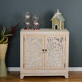Furniture Home Furniture - 32" X 14" X 32" Distressed White MDF, Wood, Mirrored Glass Sideboard with Doors HomeRoots