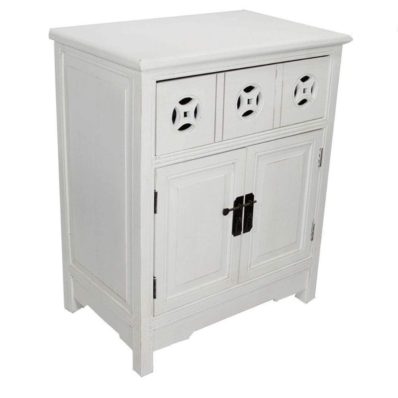 Furniture Living Room Furniture - 24" X 15" X 30" Antique White MDF, Wood Sideboard with a Drawer, Doors and Circle Link Cutouts HomeRoots