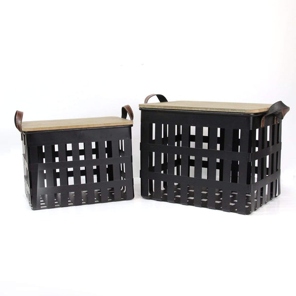 Furniture Modern Furniture - Metal Storage Baskets with Wood Tops Set of 2 HomeRoots