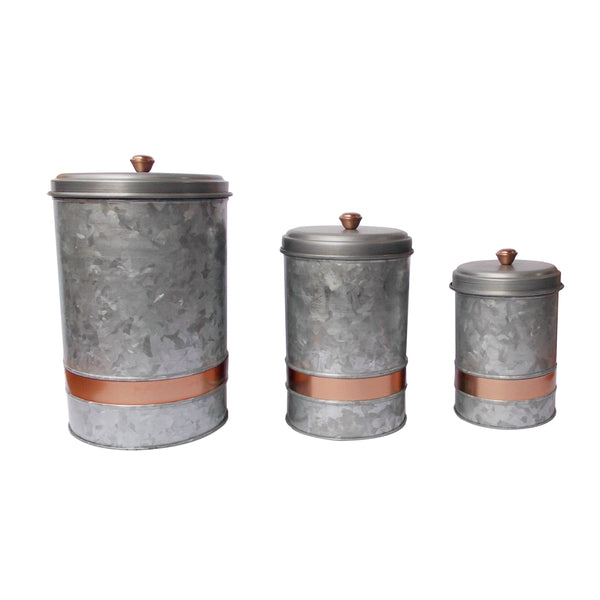 Galvanized Metal Lidded Canister With Copper Band, Set of Three, Gray-Canisters-Gray-Galvanized Metal Sheet-JadeMoghul Inc.