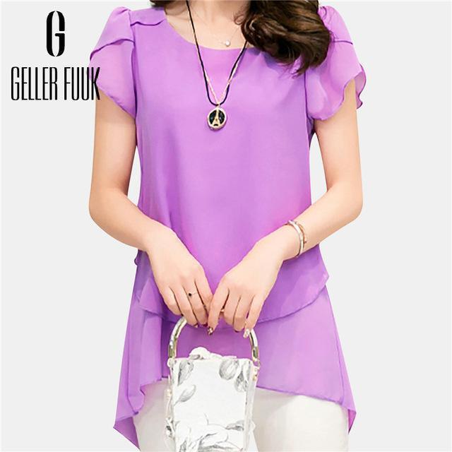 Geller Fuuk New 2017 Summer Women Blouse Loose Shirt O-Neck Chiffon Blouse Female Short Sleeve Blouse Plus Size 5XL Shirts