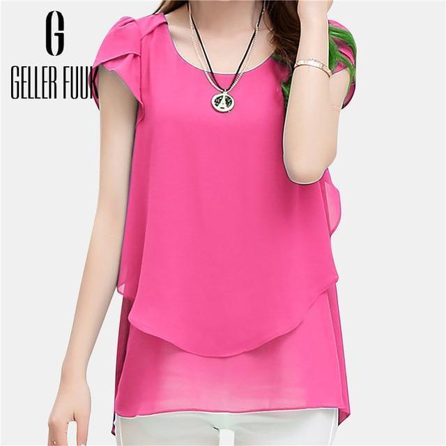 Geller Fuuk New 2017 Summer Women Blouse Loose Shirt O-Neck Chiffon Blouse Female Short Sleeve Blouse Plus Size 5XL Shirts