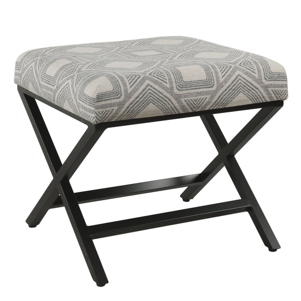 Geometric Pattern Fabric Upholstered Ottoman with X Shape Metal Legs, Gray and Cream