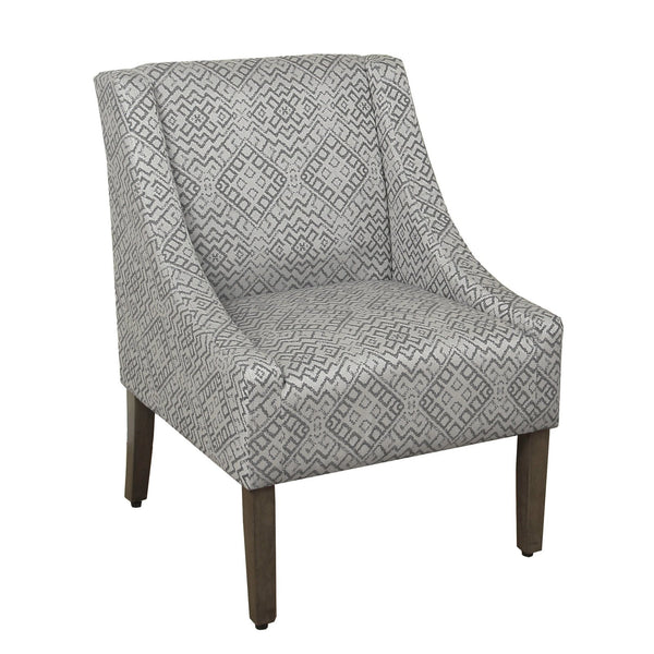 Geometric Pattern Fabric Upholstered Wooden Accent Chair with Swooping Armrests, Gray and Brown-Accent Chairs-Gray and Brown-Wood and Fabric-JadeMoghul Inc.