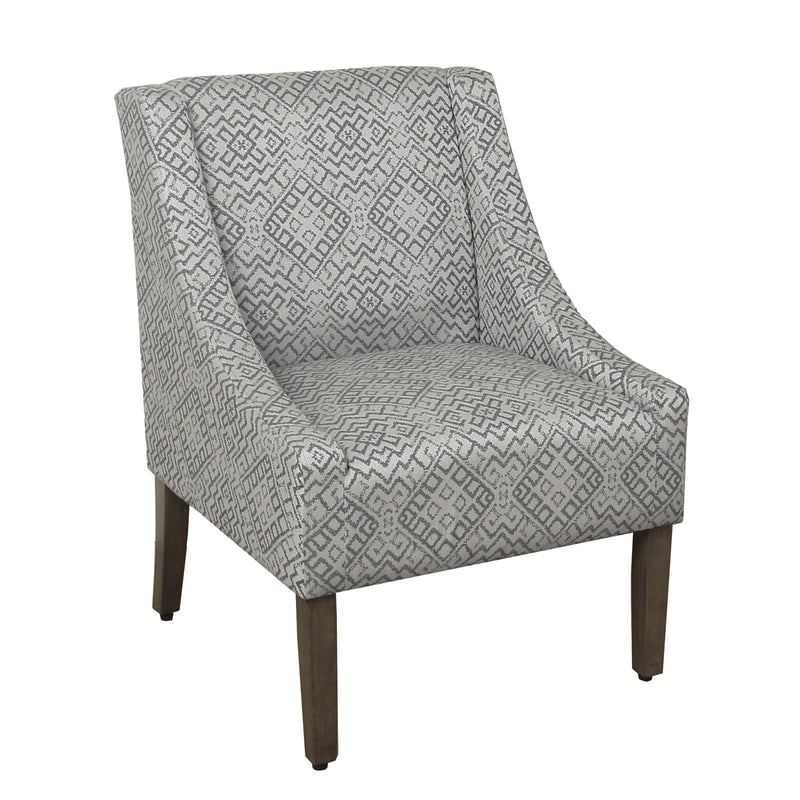 Geometric Pattern Fabric Upholstered Wooden Accent Chair with Swooping Armrests, Gray and Brown-Accent Chairs-Gray and Brown-Wood and Fabric-JadeMoghul Inc.