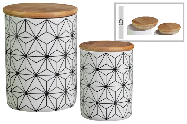 Geometric patterned Canister With Bamboo Lid, Set of 2, White-CANISTER SETS-White-Ceramic-JadeMoghul Inc.