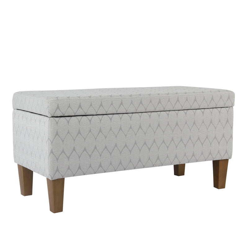 Geometric Patterned Fabric Upholstered Wooden Bench with Hinged Storage, Large, Gray and Brown