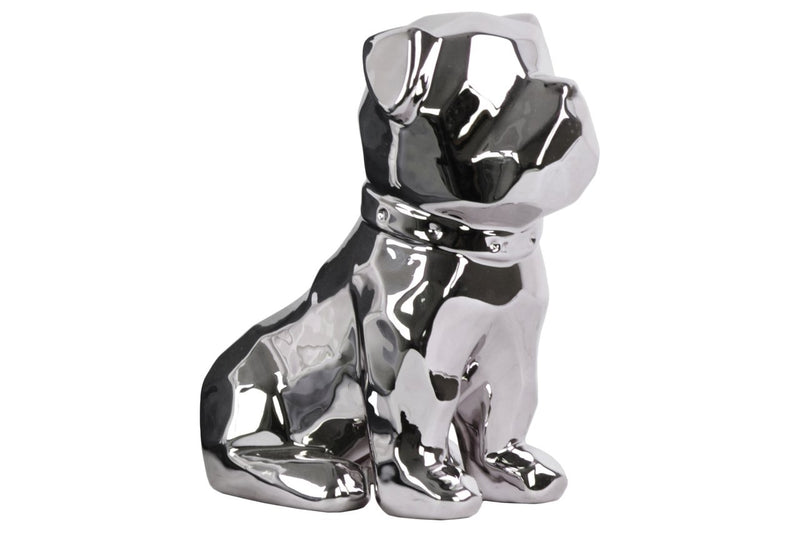 Geometrically Carved Sitting British Bulldog Figurine In Ceramic, Silver-Animal Statues-Silver-Ceramic-JadeMoghul Inc.