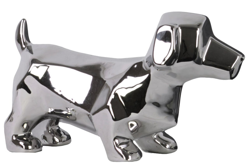 Geometrically Carved Standing Dachshund Dog Figurine In Ceramic, Silver-Animal Statues-Silver-Ceramic-JadeMoghul Inc.