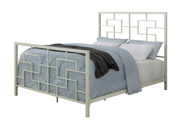 Geometrically Charmed Metal California King Size Bed, White-Bedroom Furniture-White-Metal-JadeMoghul Inc.