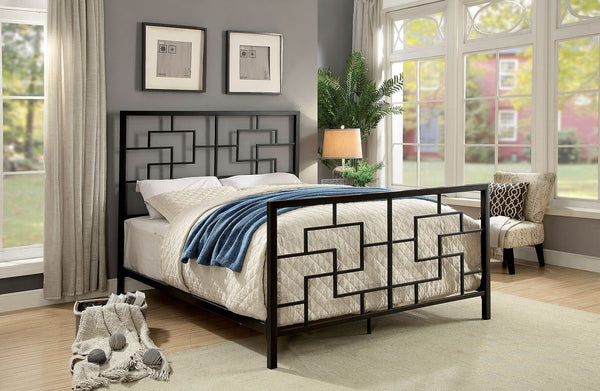 Geometrically Charmed Metal Eastern King Size Bed, Dark Bronze-Bedroom Furniture-Bronze-Metal-JadeMoghul Inc.
