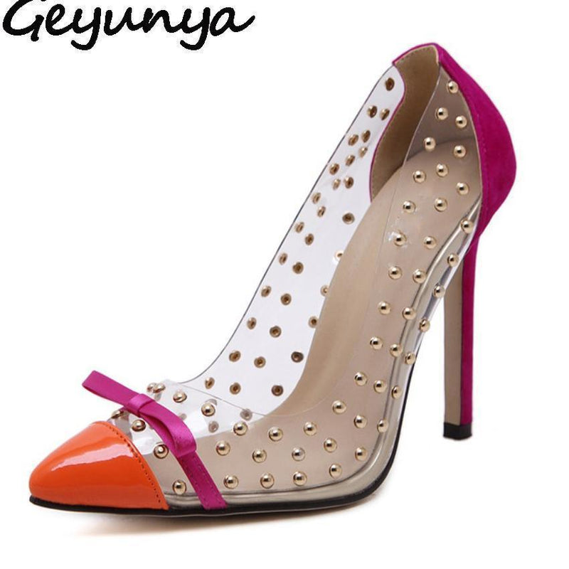 Geyunya Plus Size 35-41 Summer Women Pumps Transparent Clear Rivet Bow high heel Stiletto Fashion Shoes Woman Sapato Feminino-black-4.5-JadeMoghul Inc.