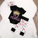 Girls 3 pcs Princess Crown Romper , Leggings And Headband Set-Black-0-3 months-JadeMoghul Inc.