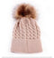 Girls Cable Knit Warm Winter Hat With Large Fur Ball Decor-Brown-JadeMoghul Inc.