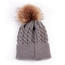 Girls Cable Knit Warm Winter Hat With Large Fur Ball Decor-Gray-JadeMoghul Inc.