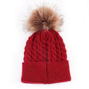 Girls Cable Knit Warm Winter Hat With Large Fur Ball Decor-Red-JadeMoghul Inc.