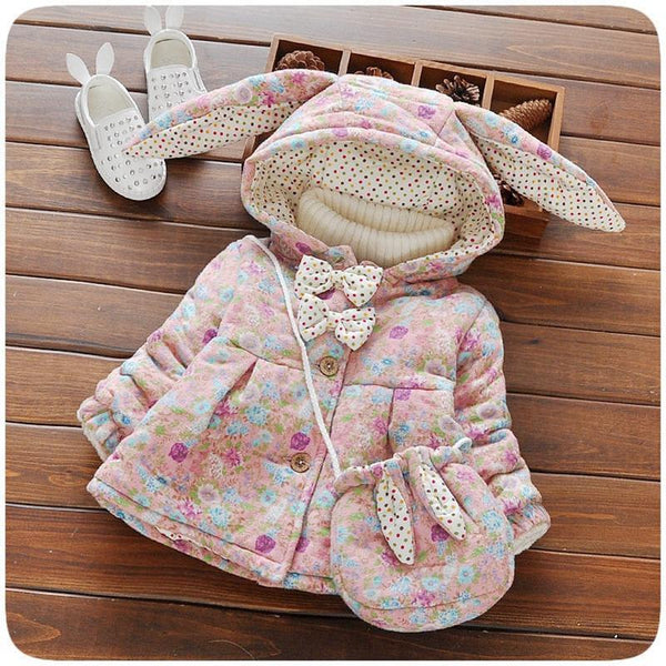 Girls Floral Print Cute Rabbit Ear Hooded Princess Bow Jacket Coat With Purse-Pink-24M-JadeMoghul Inc.