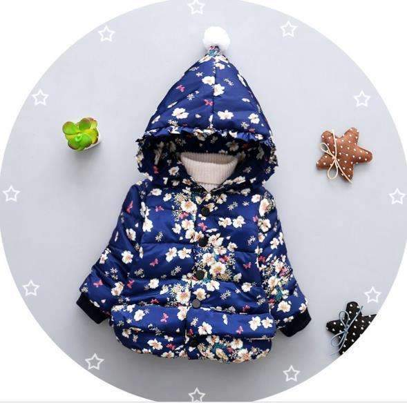 Girls Floral Print Hooded Puffer Jacket-Blue-12M-JadeMoghul Inc.