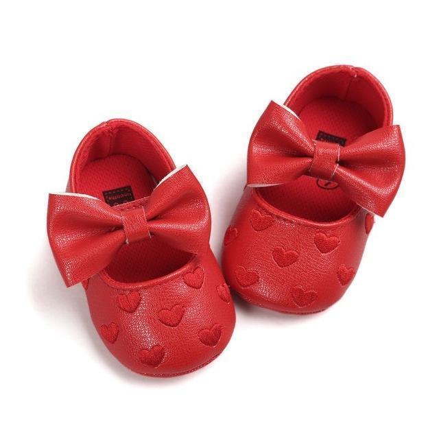Girls PU Leather Heart Embroidered Shoes With Bow Decor-R-13-18 Months-JadeMoghul Inc.
