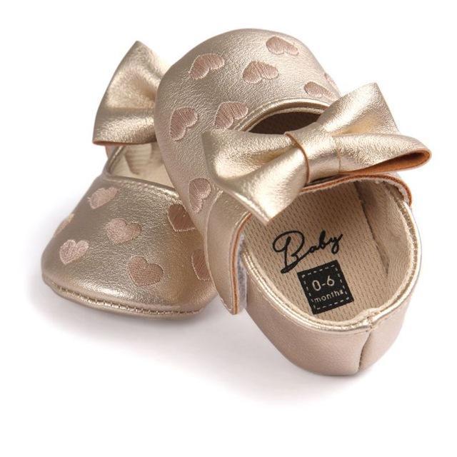 Girls PU Leather Heart Embroidered Shoes With Bow Decor-TG-13-18 Months-JadeMoghul Inc.